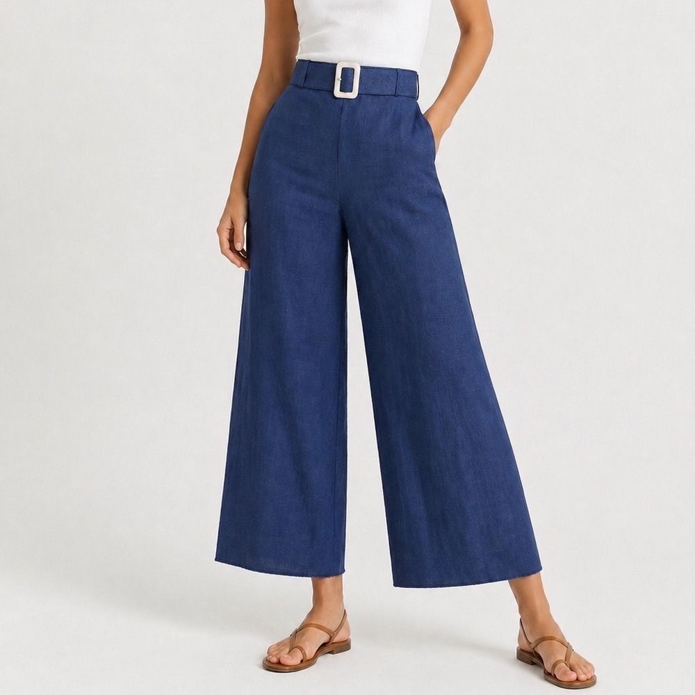 Staud Wide Leg Pants Womens 8 Blue High Rise Linen Blend Flat Front Resort Style